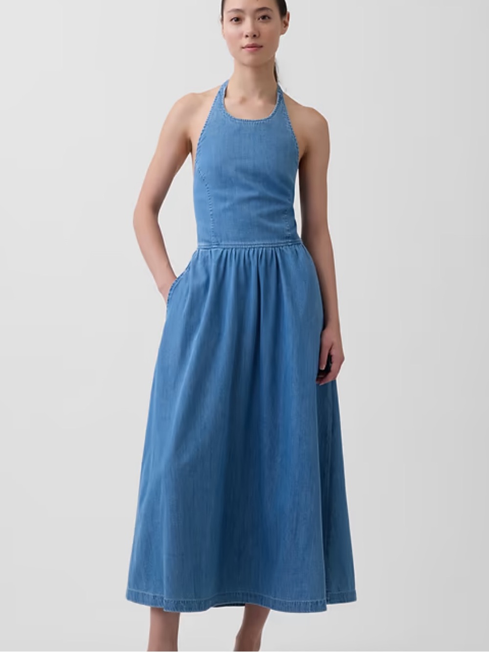 Gap Tie-Back Halter Denim Maxi Dress in Light Blue